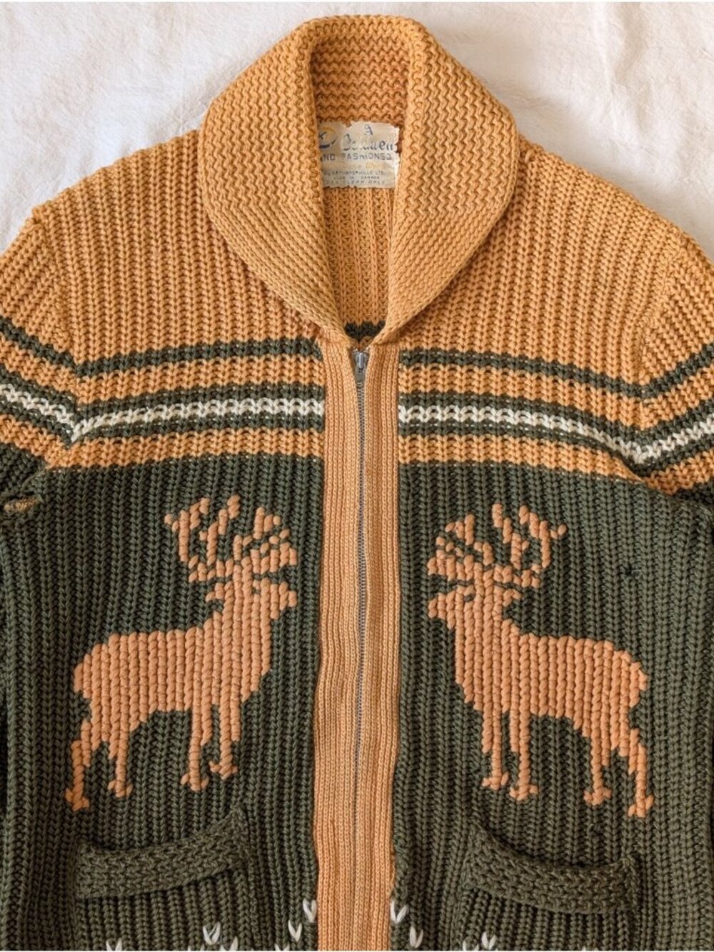 Vintage 50s Caldwell Knit Mills Canada Cowichan Elk Graphic Zip Sweater Wool M/L - Picture 2 of 15